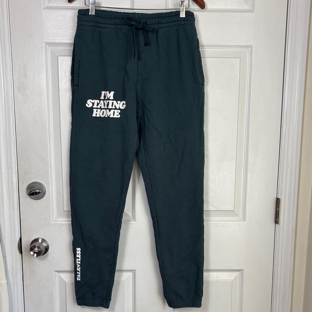 TALENTLESS Green 'I'm Staying Home' Sweatpants double pockets drawstring size S